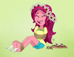 Size: 3300x2550 | Tagged: safe, artist:bageloftime, gloriosa daisy, equestria girls, g4, arm behind back, barefoot, bondage, clothes, eyes closed, feather, feet, female, fetish, floral head wreath, flower, foot fetish, foot focus, high res, laughing, open mouth, rope, rope bondage, sandals, shoes, simple background, soles, solo, tickling, tied up