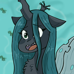 Size: 1280x1280 | Tagged: safe, artist:lolettecore, queen chrysalis, changeling, changeling queen, g4, bust, chest fluff, chibi, cute, female, green eyes, mare, redraw, smiling, solo