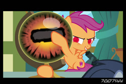 Size: 1288x858 | Tagged: safe, edit, edited screencap, editor:teren rogriss, screencap, scootaloo, shady daze, pegasus, pony, g4, the last crusade, bipedal, crystal ball, female, filly, foal, glowing, glowing eyes, grogar's orb, microscope, narrowed eyes, possessed