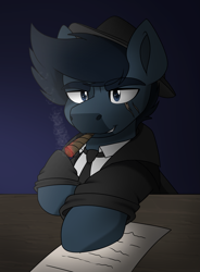 Size: 2077x2821 | Tagged: safe, artist:rokosmith26, oc, oc only, oc:slim kinslow, earth pony, pony, fallout equestria, blazer, cigar, clothes, desk, earth pony oc, hat, high res, looking at something, male, necktie, paper, scar, shirt, simple background, smiling, smoking, solo, stallion