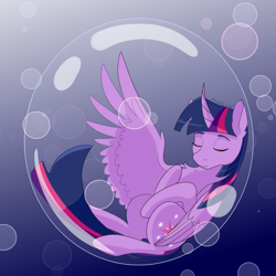 Size: 2000x2000 | Tagged: safe, artist:maravor, twilight sparkle, alicorn, pony, g4, bubble, chest fluff, cute, eyes closed, female, high res, in bubble, mare, simple background, sleeping, smiling, solo, twiabetes, twilight sparkle (alicorn)
