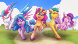 Size: 3840x2160 | Tagged: safe, artist:shad0w-galaxy, hitch trailblazer, izzy moonbow, pipp petals, sunny starscout, zipp storm, earth pony, pegasus, pony, unicorn, g5, my little pony: tell your tale, 4k, adorapipp, adorazipp, cute, female, high res, hitchbetes, izzybetes, looking at you, male, mane five, mane stripe sunny, mare, open mouth, running, smiling, stallion, sunnybetes