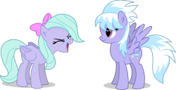 Size: 4666x2388 | Tagged: safe, artist:starcollider, cloudchaser, flitter, pegasus, pony, g4, sonic rainboom (episode), .svg available, bow, duo, duo female, eyes closed, female, folded wings, hair bow, high res, mare, siblings, simple background, sisters, spread wings, svg, transparent background, vector, wings, yay