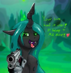 Size: 1983x2048 | Tagged: safe, artist:phutashi, queen chrysalis, changeling, changeling queen, g4, bust, fangs, female, gun, hand, handgun, holiday, looking at you, open mouth, pistol, robbery, solo, suddenly hands, talking to viewer, valentine's day