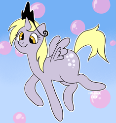 Size: 1455x1551 | Tagged: safe, artist:immunefox, derpy hooves, alicorn, pony, g4, alicornified, blue, blue background, bubble, cross-eyed, crown, cute, derpabetes, derpicorn, flying, horn, jewelry, princess, race swap, regalia, silly, simple background, small horn, small wings, solo, wings