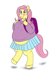 Size: 2480x3508 | Tagged: safe, artist:maxicoon, fluttershy, pegasus, anthro, unguligrade anthro, backpack, bbw, belly, big belly, blushing, clothes, fat, fattershy, female, freshman, high res, obese, simple background, skirt, smiling, solo, sweater, unshorn fetlocks, white background, wingless, wingless anthro, younger