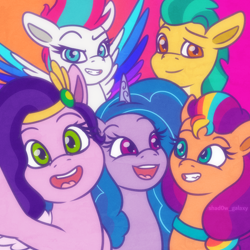 Size: 2000x2000 | Tagged: safe, artist:shad0w-galaxy, hitch trailblazer, izzy moonbow, pipp petals, sunny starscout, zipp storm, earth pony, pegasus, pony, unicorn, g5, my little pony: tell your tale, adorapipp, adorazipp, cute, female, high res, hitchbetes, izzybetes, looking at you, male, mane five, mane stripe sunny, mare, open mouth, smiling, stallion, sunnybetes