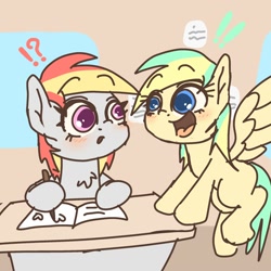 Size: 2000x2000 | Tagged: safe, artist:phoenixrk49, oc, oc only, pegasus, pony, blushing, bust, drawing, duo, exclamation point, female, heart, high res, looking at each other, looking at someone, mare, o mouth, open mouth, open smile, question mark, smiling