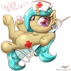 Size: 1920x1920 | Tagged: safe, artist:phoenixrk49, oc, oc only, pony, unicorn, ear piercing, female, fluffy, hat, heart, heart eyes, japanese, jewelry, looking at you, lying down, mare, nurse hat, on back, piercing, pills, signature, smiling, smiling at you, solo, syringe, wingding eyes