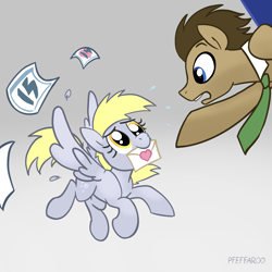 Size: 2048x2048 | Tagged: safe, artist:pfeffaroo, derpy hooves, doctor whooves, time turner, earth pony, pegasus, pony, g4, doctor who, duo, female, flying, high res, letter, male, mouth hold, necktie, ship:doctorderpy, shipping, straight, tardis, the doctor