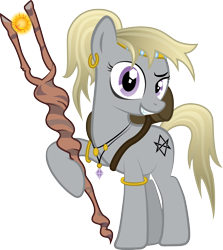 Size: 2285x2559 | Tagged: safe, artist:saillard, oc, oc only, oc:castle lady, earth pony, pony, ear piercing, earring, earth pony oc, full body, grin, high res, hoof hold, hooves, jewelry, necklace, piercing, raised eyebrow, show accurate, simple background, smiling, solo, staff, staff of sameness, standing, tail, transparent background