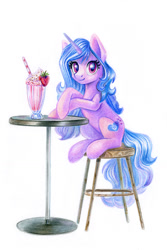 Size: 795x1189 | Tagged: safe, artist:maytee, izzy moonbow, pony, unicorn, g5, my little pony: a new generation, cute, drink, female, food, izzybetes, looking at you, mare, milkshake, simple background, sitting, solo, stool, strawberry, table, traditional art, white background