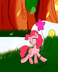 Size: 1300x1600 | Tagged: safe, artist:vermillionyris, pinkie pie, earth pony, pony, g4, balloon, eyes closed, female, grass, leaves, solo