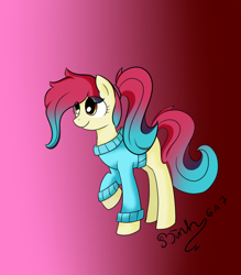 Size: 700x800 | Tagged: safe, artist:vermillionyris, oc, oc only, earth pony, pony, clothes, earth pony oc, female, gradient background, ponytail, solo, sweater