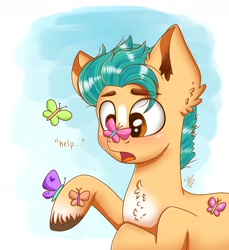 Size: 1651x1805 | Tagged: safe, artist:galaxy swirl, hitch trailblazer, butterfly, earth pony, insect, pony, g5, my little pony: a new generation, adorable distress, chest fluff, critter magnet, cute, hitchbetes, male, open mouth, raised hoof, stallion