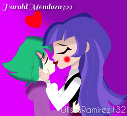 Size: 1478x1362 | Tagged: safe, spike, human, g4, crossover, crossover shipping, dc superhero girls, hand on cheek, hand on hip, heart, humanized, kiss on the lips, kissing, ship:zataspike, shipping, zatanna, zee zatara