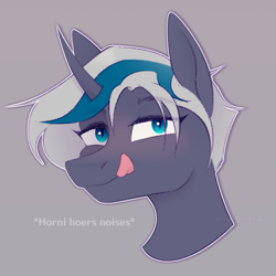 Size: 709x709 | Tagged: safe, artist:arina-gremyako, oc, oc only, oc:elizabat stormfeather, alicorn, bat pony, pony, alicorn oc, bat pony oc, bedroom eyes, blushing, descriptive noise, female, gray background, horn, horny, licking, licking lips, mare, simple background, solo, tongue out, wings