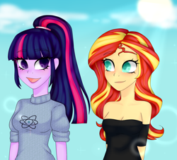 Size: 2000x1818 | Tagged: safe, artist:oniiponii, sci-twi, sunset shimmer, twilight sparkle, equestria girls, g4, bare shoulders, breasts, cleavage, clothes, duo, female, lesbian, ship:sci-twishimmer, ship:sunsetsparkle, shipping, smiling