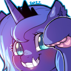 Size: 1159x1159 | Tagged: safe, artist:cold-blooded-twilight, princess luna, alicorn, pony, g4, blushing, ear fluff, fangs, paw pads, paws, simple background, slit pupils, solo, species swap, transparent background