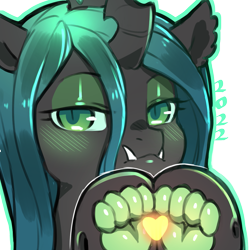 Size: 1159x1159 | Tagged: safe, artist:cold-blooded-twilight, queen chrysalis, changeling, changeling queen, g4, bedroom eyes, ear fluff, fangs, female, heart, paw pads, paws, simple background, slit pupils, solo, species swap, transparent background