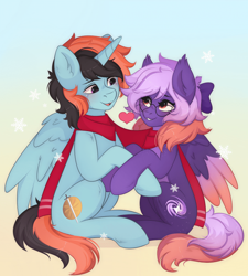 Size: 700x777 | Tagged: safe, oc, oc only, oc:aegis lance, alicorn, bat pony, hybrid, pegasus, pony, clothes, couple, cute, freckles, glasses, gradient background, heart, holding hooves, scarf, shared clothing, shared scarf