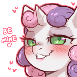Size: 1159x1159 | Tagged: safe, artist:cold-blooded-twilight, sweetie belle, pony, unicorn, g4, bedroom eyes, blushing, dialogue, eyeshadow, female, filly, foal, heart, heart eyes, makeup, simple background, smiling, solo, transparent background, wingding eyes