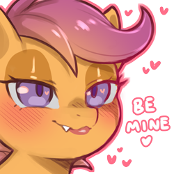 Size: 1159x1159 | Tagged: safe, artist:cold-blooded-twilight, scootaloo, pegasus, pony, g4, bedroom eyes, blushing, dialogue, eyeshadow, fangs, female, filly, foal, heart, heart eyes, makeup, simple background, smiling, solo, transparent background, wingding eyes