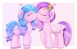 Size: 1920x1224 | Tagged: safe, artist:phoenixrk49, izzy moonbow, pipp petals, pegasus, pony, unicorn, g5, my little pony: a new generation, bracelet, duo, emanata, eyes closed, female, heart, jewelry, kiss on the lips, kissing, lesbian, mare, ship:moonpetals, shipping, side view, simple background