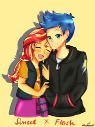 Size: 1050x1400 | Tagged: safe, artist:cuteprincesskawaii15, flash sentry, sunset shimmer, equestria girls, clothes, eyes closed, female, flashimmer, hand in pocket, happy, jacket, male, open mouth, open smile, shipping, smiling, straight, vest