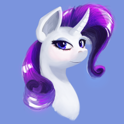 Size: 2000x2000 | Tagged: safe, artist:meepars, rarity, pony, unicorn, g4, blue background, bust, curved horn, female, high res, horn, simple background, smiling, solo