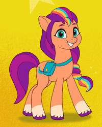 Size: 600x750 | Tagged: safe, artist:luminousdazzle, sunny starscout, earth pony, pony, g5, my little pony: tell your tale, coat markings, eyebrows, female, grin, looking at you, mane stripe sunny, mare, multicolored hair, rainbow hair, redesign, redraw, smiling, smiling at you, socks (coat markings), solo, unshorn fetlocks