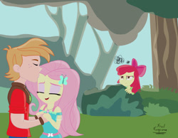 Size: 1422x1104 | Tagged: safe, artist:dashdeviant, apple bloom, big macintosh, fluttershy, equestria girls, g4, annoyed, eyes closed, female, forehead kiss, holding hands, holiday, kissing, male, ship:fluttermac, shipping, smiling, spying, straight, valentine's day