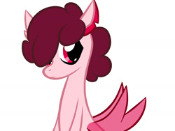 Size: 2000x1500 | Tagged: safe, artist:alandisc, oc, oc only, oc:berrymint, merpony, pony, sea pony, seapony (g4), big eyes, ears up, eyeliner, fluffy hair, genderless, hair over one eye, looking back, magical gay spawn, ponified, red eyes, shy, simple background, solo, species swap, teenager, transparent wings, white background, wings