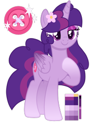 Size: 1300x1716 | Tagged: safe, artist:monochrome-sunsets, oc, oc only, alicorn, pony, alicorn oc, eyeshadow, female, flower, flower in hair, folded wings, full body, hoof on chest, hooves, horn, lidded eyes, magical lesbian spawn, makeup, mare, offspring, parent:izzy moonbow, parent:twilight sparkle, show accurate, simple background, smiling, solo, standing, tail, transparent background, two toned mane, two toned tail, wings
