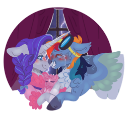 Size: 1280x1215 | Tagged: safe, artist:joburii, rainbow dash, rarity, oc, oc:firefly, pony, g4, baby, baby pony, curtains, female, goggles, lesbian, lightning, magical lesbian spawn, mother and child, offspring, parent:rainbow dash, parent:rarity, parents:raridash, ship:raridash, shipping, simple background, transparent background, window