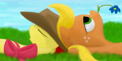 Size: 1006x506 | Tagged: safe, artist:neitronik, apple bloom, applejack, earth pony, pony, g4, duo, duo female, eyes closed, female, filly, flower, flower in mouth, foal, grass, lying down, mare, mouth hold, on back
