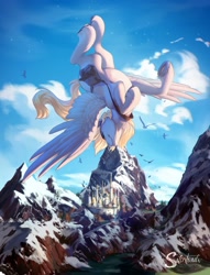 Size: 2500x3274 | Tagged: safe, artist:silentwulv, derpy hooves, bird, pegasus, pony, g4, canterlot, female, flying, high res, mailbag, mailmare, mare, mountain, mountain range, scenery, smiling, solo, spread wings, underhoof, wings
