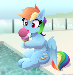 Size: 2452x2500 | Tagged: safe, artist:andaluce, artist:pabbley, rainbow dash, pegasus, pony, g4, backwards cutie mark, cute, dashabetes, female, food, heart, heart eyes, high res, ice cream, ice cream cone, mare, poolside, sitting, solo, swimming pool, wingding eyes