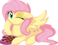Size: 7102x5540 | Tagged: safe, artist:cyanlightning, fluttershy, pegasus, pony, g4, .svg available, absurd resolution, chest fluff, chocolate, cute, ear fluff, eating, female, food, looking at you, lying down, mare, one eye closed, prone, shyabetes, simple background, sitting, smiling, solo, spread wings, transparent background, vector, wings, wink