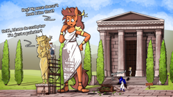 Size: 3950x2205 | Tagged: safe, artist:jarethnerl, oc, oc only, oc:amber shine, oc:tomson, anthro, plantigrade anthro, ancient greece, barefoot sandals, breasts, clothes, facepalm, feet, female, giantess, goddess, greece, growth, high res, macro, my cabbages, sandals, statue, temple, toga