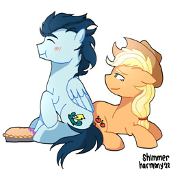 Size: 1024x1017 | Tagged: safe, artist:shimmerharmony4215, applejack, soarin', earth pony, pegasus, pony, g4, apple, apple pie, eating, female, food, herbivore, lying down, male, mare, pie, prone, ship:soarinjack, shipping, simple background, sitting, stallion, straight, white background