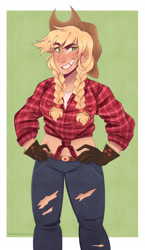 Size: 1280x2205 | Tagged: safe, artist:wanderingpegasus, applejack, human, g4, alternate hairstyle, applejack's hat, belt, blushing, clothes, cowboy hat, cute, februpony, female, flannel, freckles, front knot midriff, gloves, grin, hat, humanized, jackabetes, jeans, midriff, pants, ripped jeans, ripped pants, shirt, smiling, solo, tank top, torn clothes