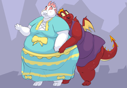 Size: 2975x2068 | Tagged: safe, artist:lupin quill, fizzle, garble, dragon, anthro, g4, belly, bhm, big belly, bingo wings, blushing, chubby cheeks, clothes, crossdressing, double chin, dress, fat, fat fetish, fetish, gay, high res, hug, male, moobs, morbidly obese, obese, open mouth, simple background, thighs, thunder thighs