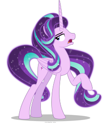 Size: 2471x2949 | Tagged: safe, artist:stellardusk, starlight glimmer, alicorn, pony, g4, alicornified, ethereal hair, ethereal mane, ethereal tail, female, frown, high res, looking back, mare, open mouth, race swap, raised hoof, shadow, simple background, solo, starlicorn, tail, transparent background