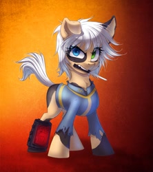 Size: 1253x1410 | Tagged: safe, artist:limreiart, oc, oc only, oc:firefly (fallout equestria: promise), earth pony, pony, fallout equestria, fallout equestria: promise, angry, chest fluff, clothes, coat markings, earth pony oc, female, filly, foal, heterochromia, jumpsuit, knife, looking at you, messy mane, mouth hold, orange background, pinto, pipbuck, simple background, solo, standing, three quarter view, torn clothes, vault suit, white hair