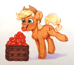 Size: 1071x938 | Tagged: safe, artist:muhomora, applejack, earth pony, pony, g4, apple, applejack's hat, cowboy hat, female, food, hat, looking down, mare, marker drawing, mouth hold, simple background, sketch, smiling, solo, traditional art, white background