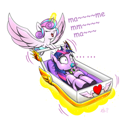 Size: 1751x1666 | Tagged: safe, artist:questionmarkdragon, princess flurry heart, spike, twilight sparkle, alicorn, pony, g4, ..., aunt and niece, baby, baby carriage, baby pony, baby talk, duo, eyes closed, female, filly, foal, mare, open mouth, pacifier, plushie, role reversal, shrunken pupils, spread wings, stroller, twilight sparkle (alicorn), wings