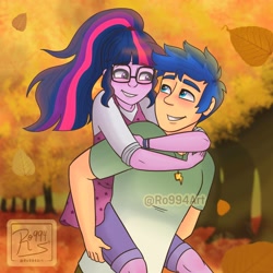 Size: 2100x2100 | Tagged: safe, artist:ro994, flash sentry, sci-twi, twilight sparkle, equestria girls, g4, autumn, blushing, falling leaves, female, high res, leaves, looking at each other, looking at someone, male, piggyback ride, ship:flashlight, ship:sci-flash, shipping, smiling, smiling at each other, straight, tree, watermark