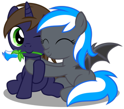 Size: 3410x3020 | Tagged: safe, artist:strategypony, oc, oc only, oc:diamond azure, oc:galahad lazuli, bat pony, pony, unicorn, colt, cute, daaaaaaaaaaaw, duo, eyes closed, female, filly, flower, flower in mouth, foal, galamond, hearts and hooves day, high res, holiday, horn, hug, male, mouth hold, ocbetes, one eye closed, shipping, simple background, spread wings, transparent background, valentine's day, wholesome, wings