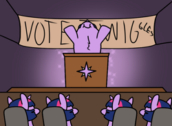 Size: 770x568 | Tagged: safe, artist:str8aura-draws-horses-and-stuff, twilight sparkle, twilight sparkle's secret shipfic folder, g4, banner, clone, election, stage, stars, twiggie